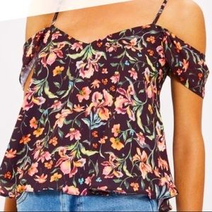 Topshop, Size 10, Black Floral Cold Shoulder Blouse